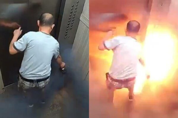  Homem pega fogo em elevador após explosão de bateria