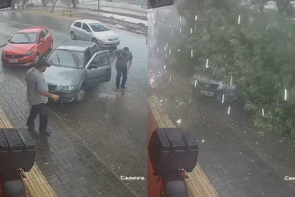 Imagens mostram homem saindo de carro antes de árvore cair no veículo